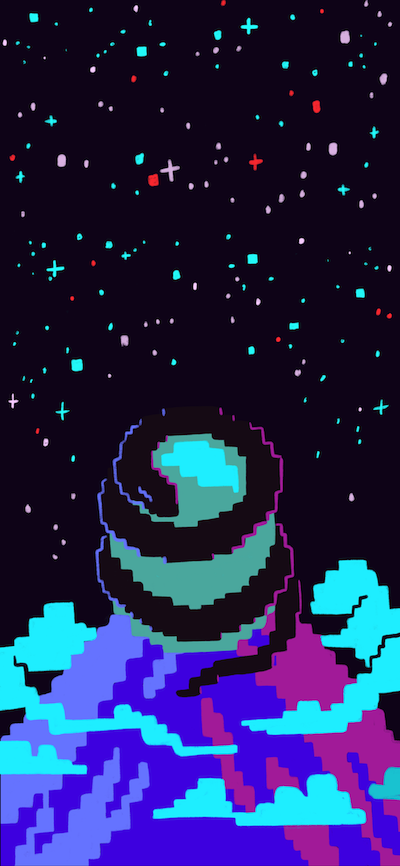 Game screenshot: A large worm on top of a mountain, coiled around an aqua blue egg.