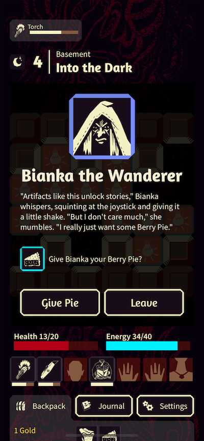 Game screenshot: Talking to Bianka the Wanderer. She wants some Berry Pie.